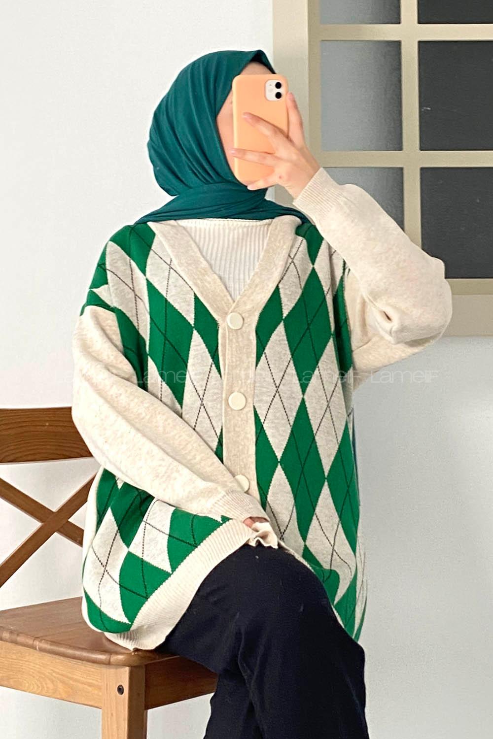 Modalamelif V Yaka Önü Düğme Detaylı Baklava Desenli Triko Hırka Taş-Yeşil