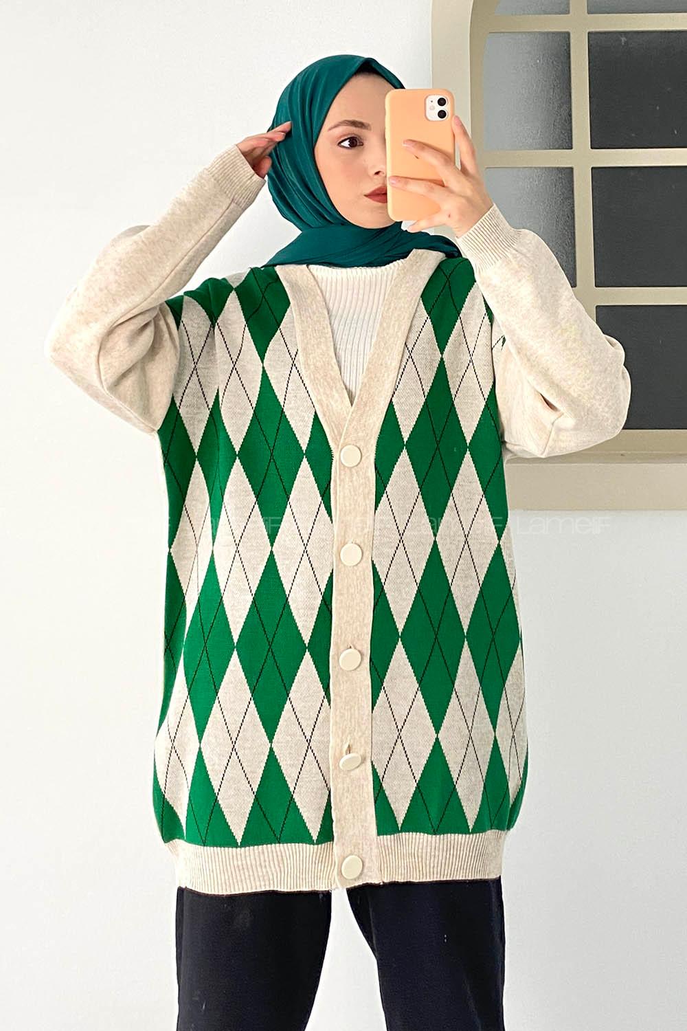 Modalamelif V Yaka Önü Düğme Detaylı Baklava Desenli Triko Hırka Taş-Yeşil