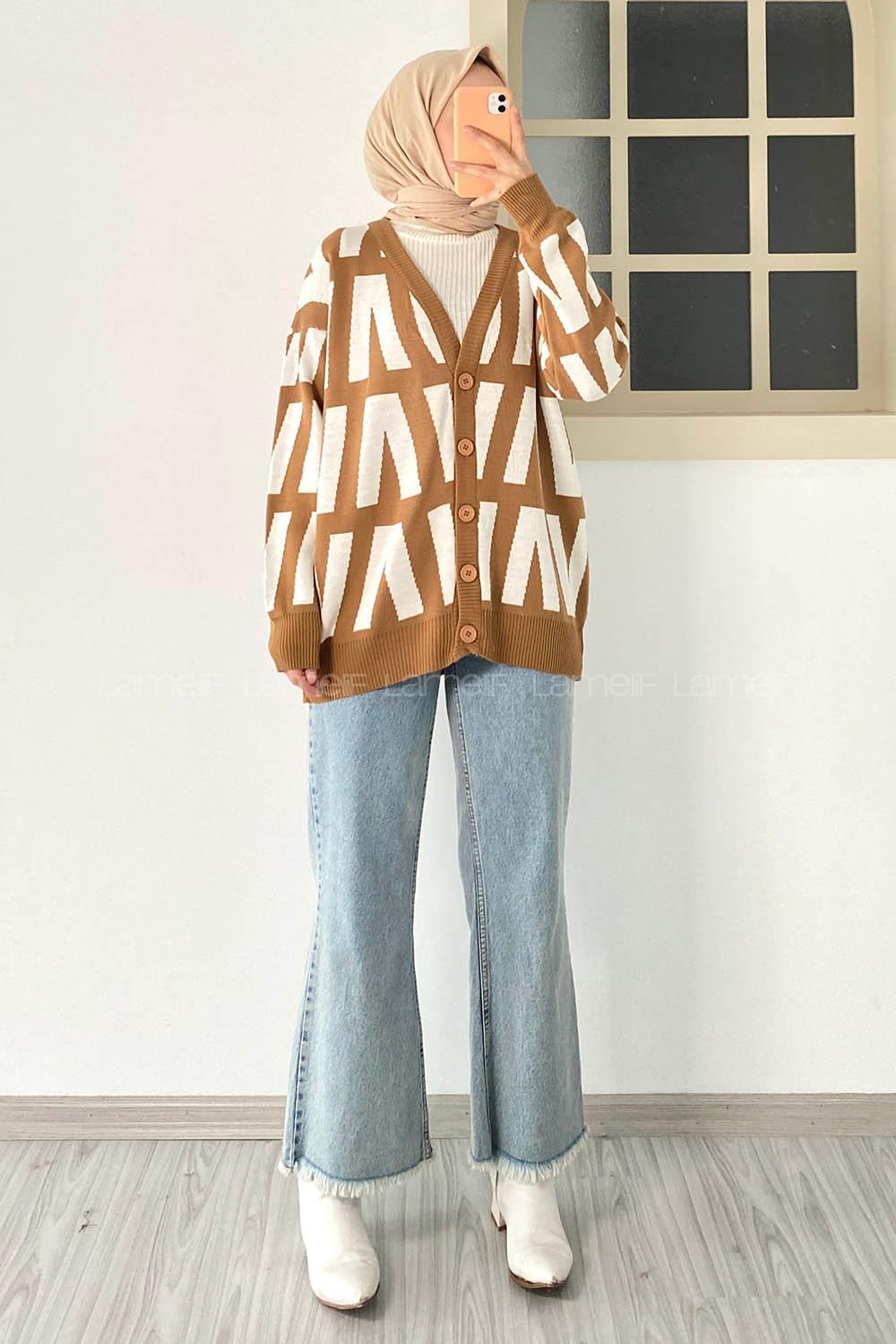 Modalamelif V Yaka Önü Düğmeli Desenli Triko Hırka Camel