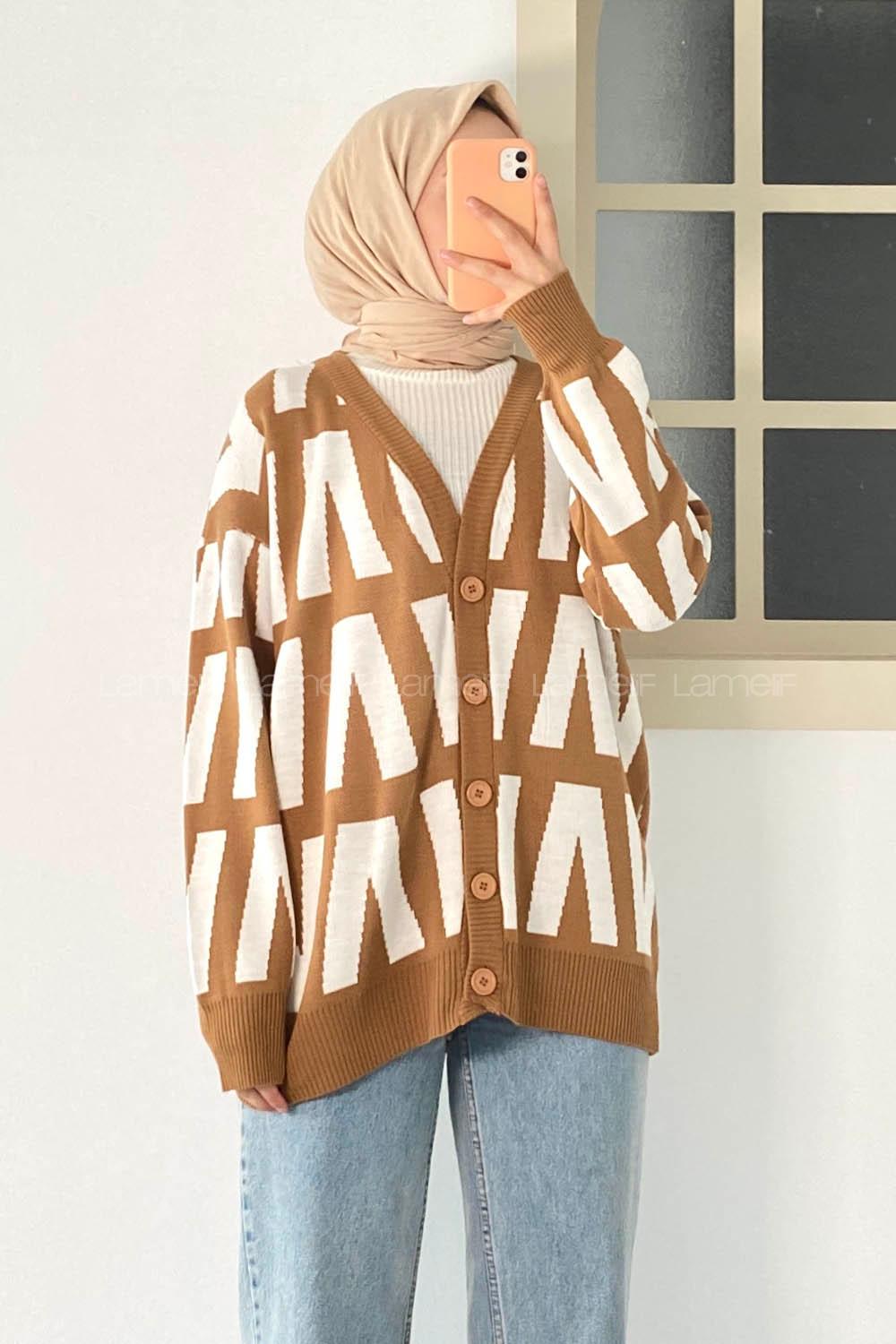 Modalamelif V Yaka Önü Düğmeli Desenli Triko Hırka Camel