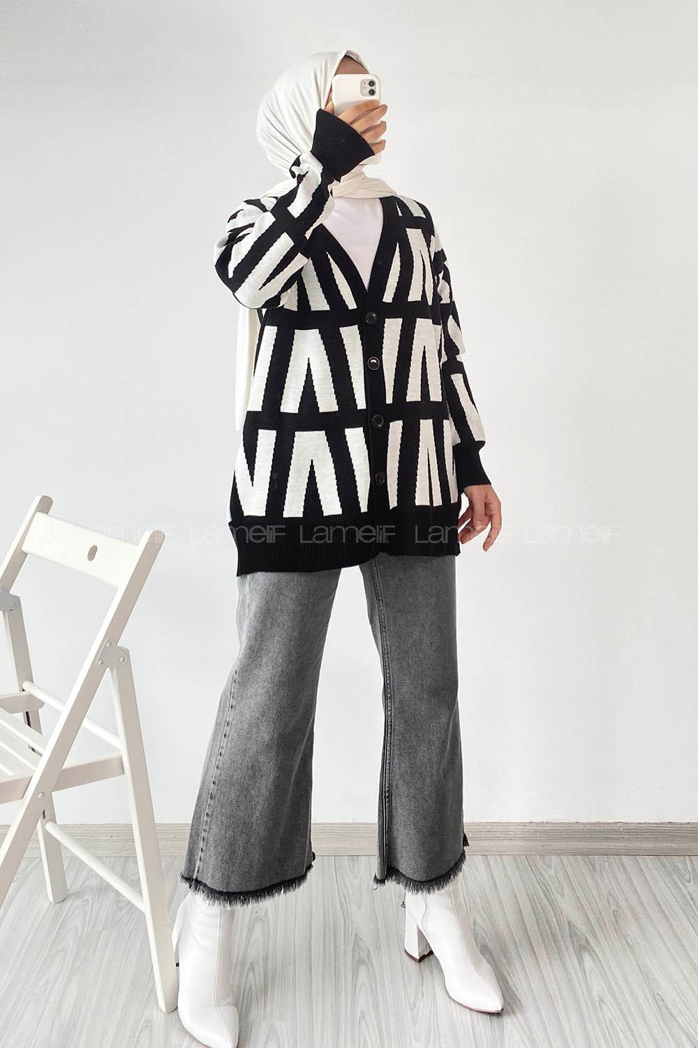 Modalamelif V Yaka Önü Düğmeli Desenli Triko Hırka Siyah