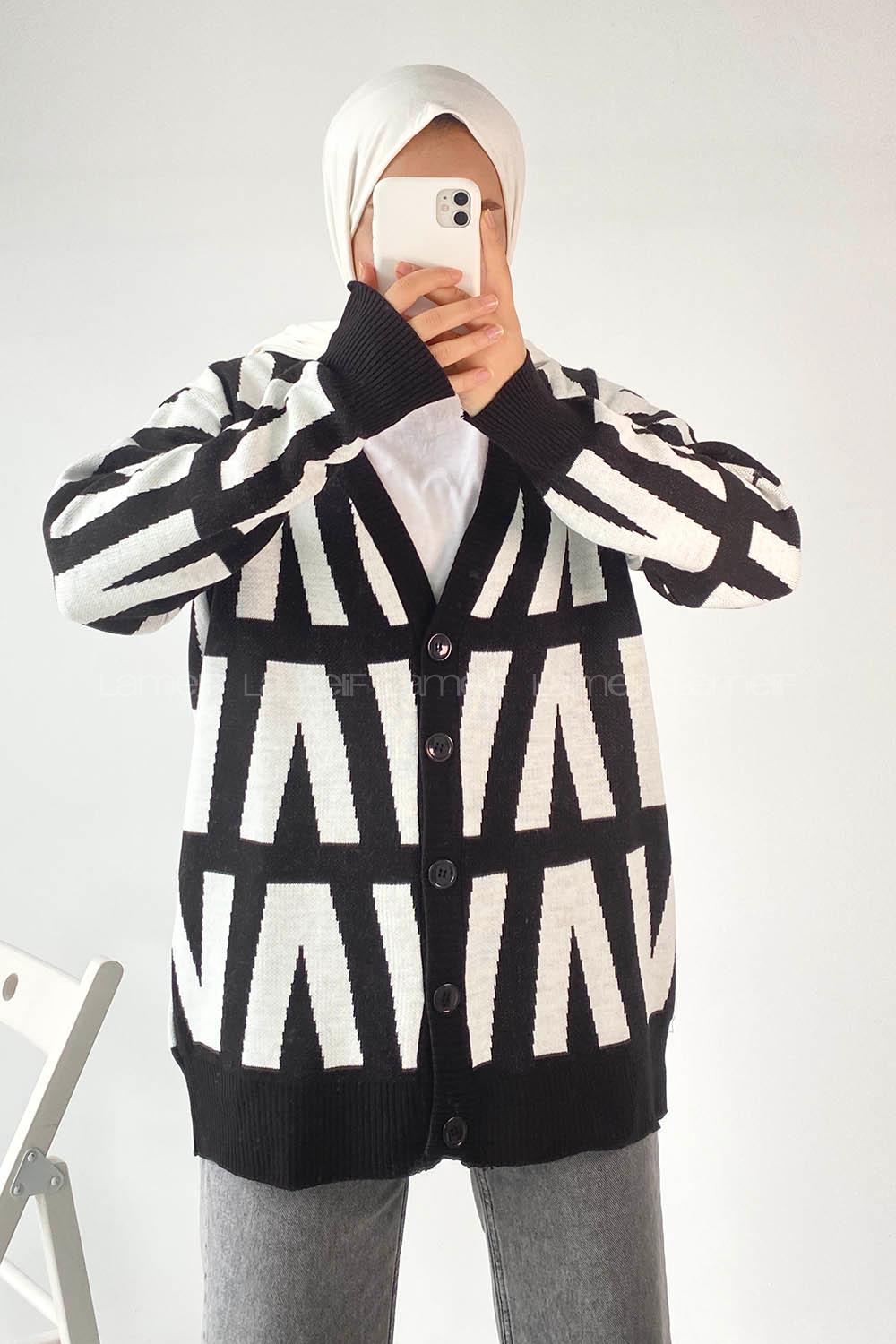 Modalamelif V Yaka Önü Düğmeli Desenli Triko Hırka Siyah