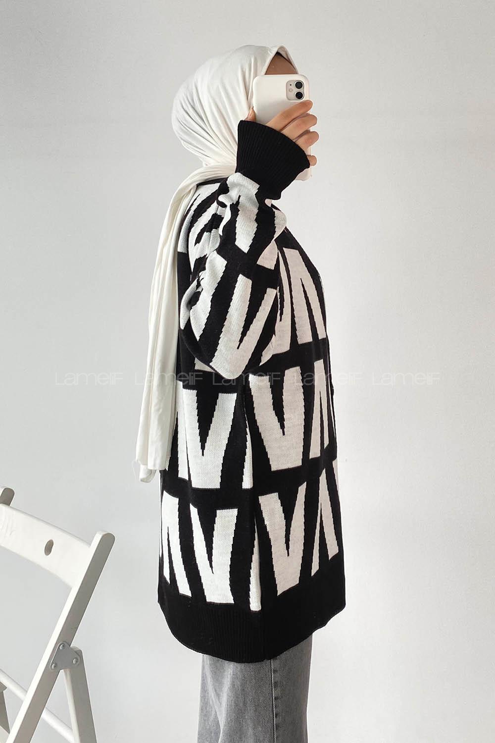 Modalamelif V Yaka Önü Düğmeli Desenli Triko Hırka Siyah