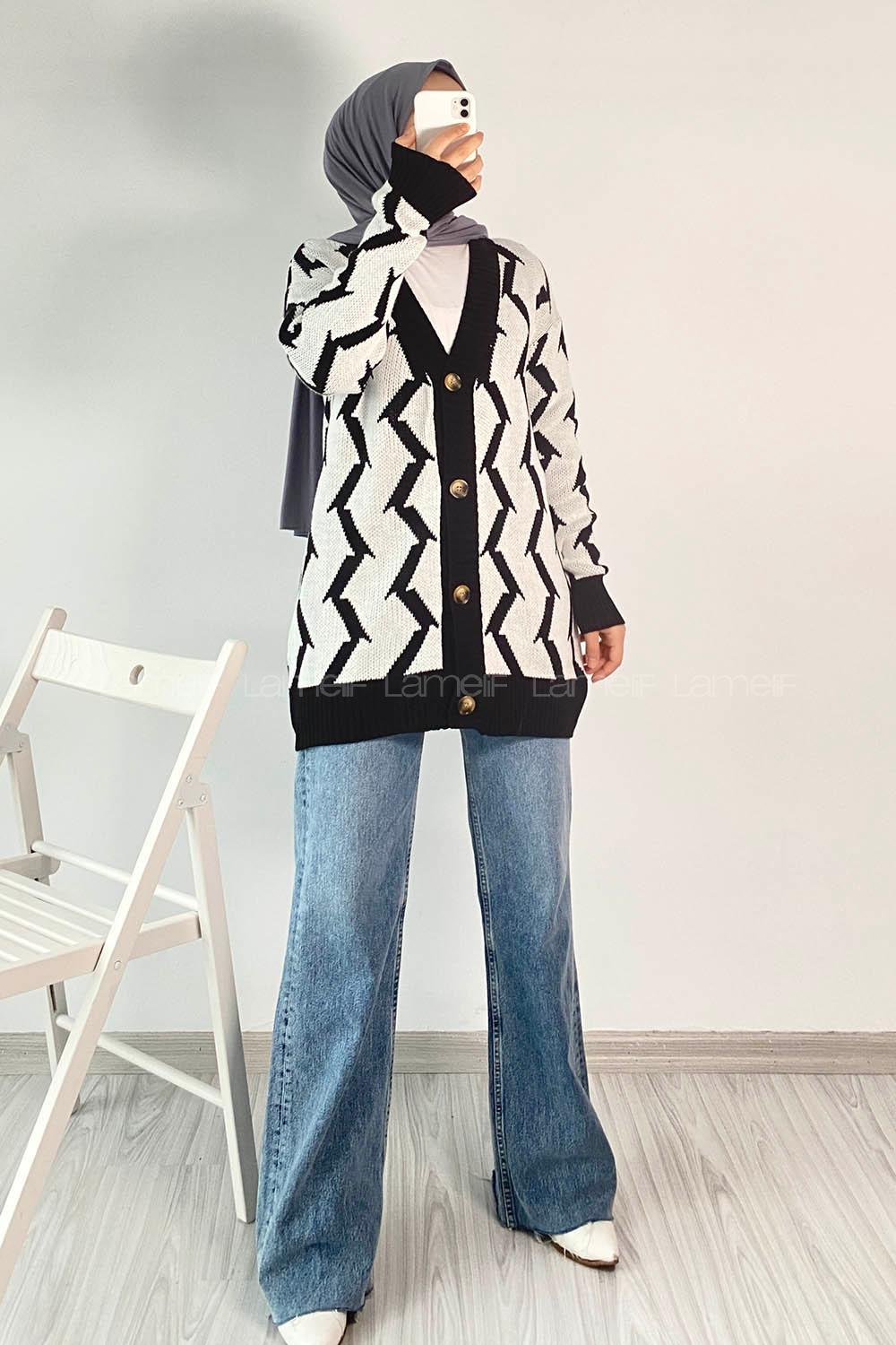 Modalamelif V Yaka Önü Düğmeli Etnik Desen Triko Hırka Siyah