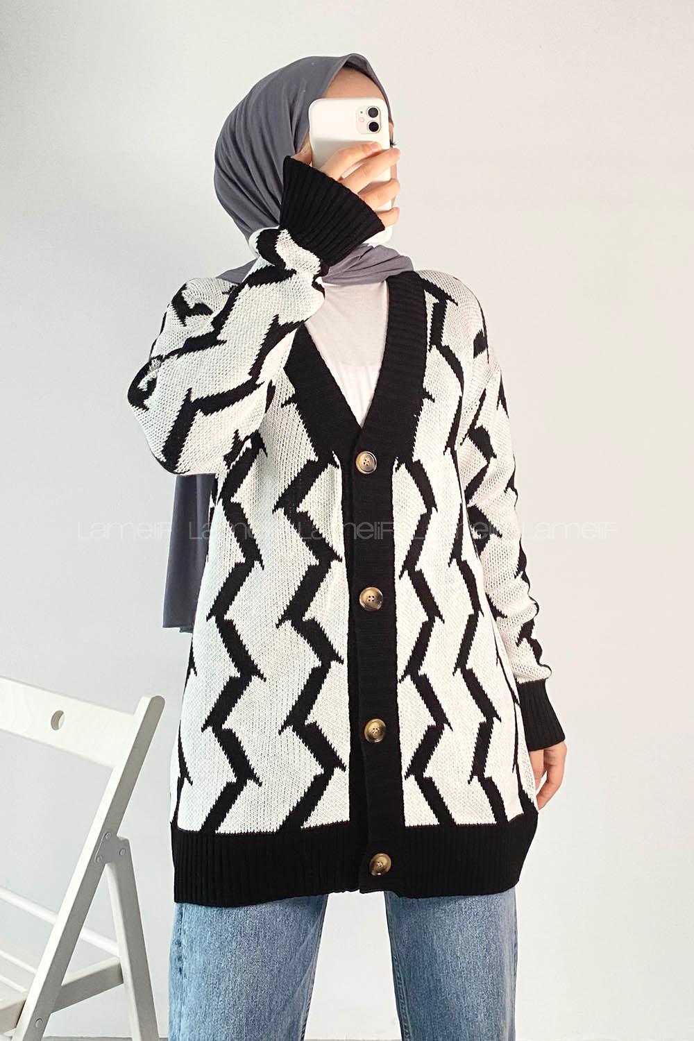 Modalamelif V Yaka Önü Düğmeli Etnik Desen Triko Hırka Siyah