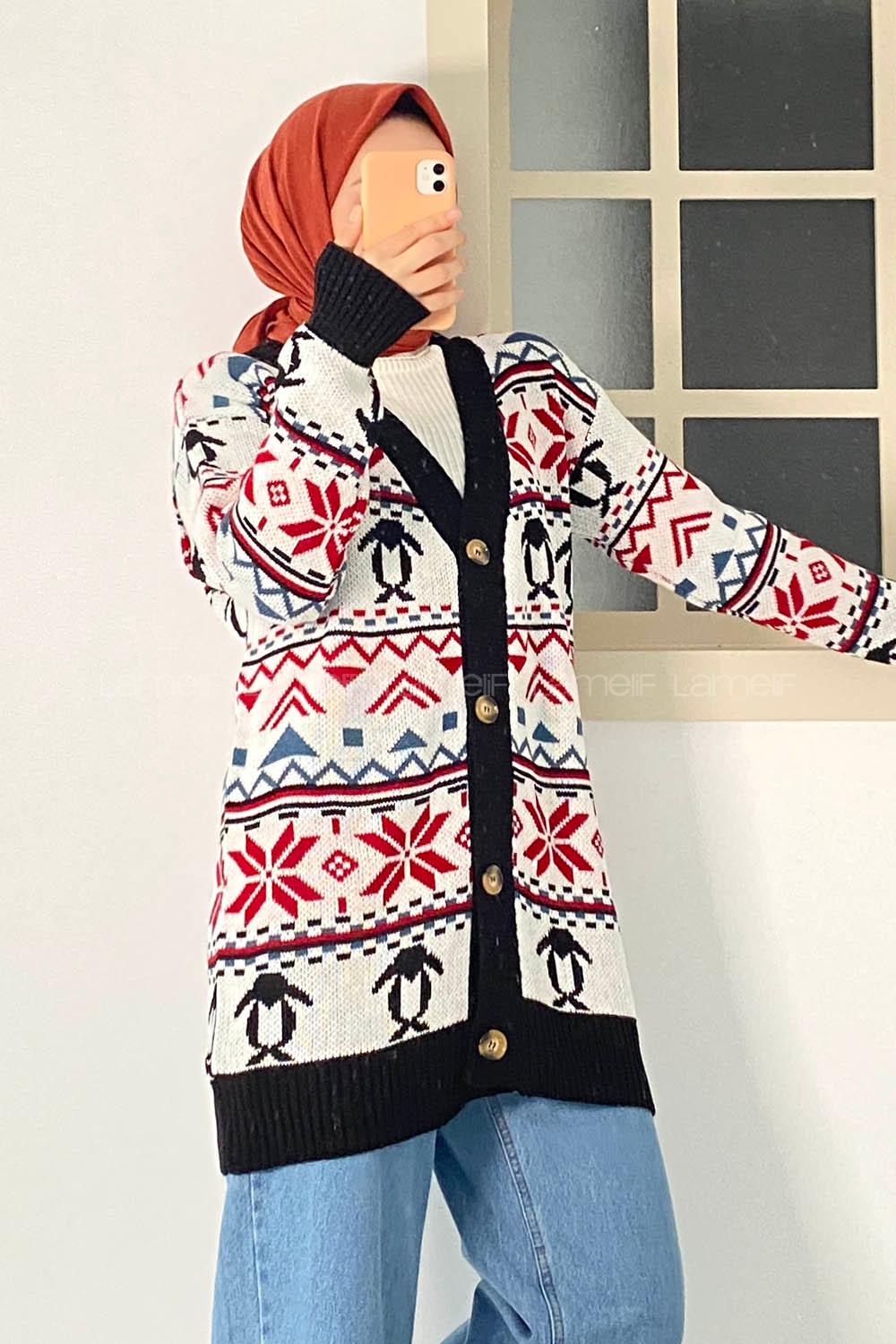 Modalamelif V Yaka Önü Düğmeli Etnik Desen Triko Hırka Siyah-Ekru