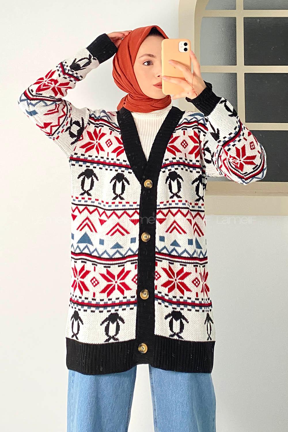 Modalamelif V Yaka Önü Düğmeli Etnik Desen Triko Hırka Siyah-Ekru
