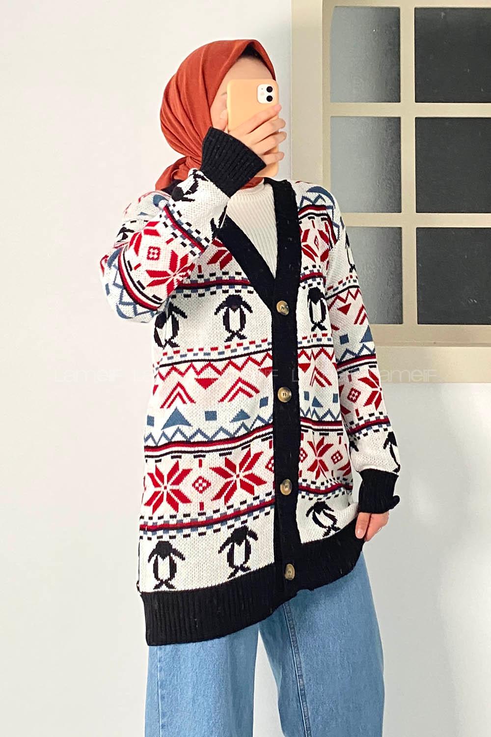 Modalamelif V Yaka Önü Düğmeli Etnik Desen Triko Hırka Siyah-Ekru