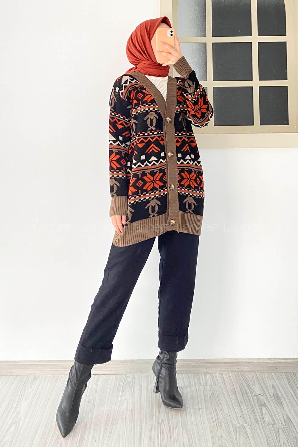Modalamelif V Yaka Önü Düğmeli Etnik Desen Triko Hırka Siyah-Kahverengi