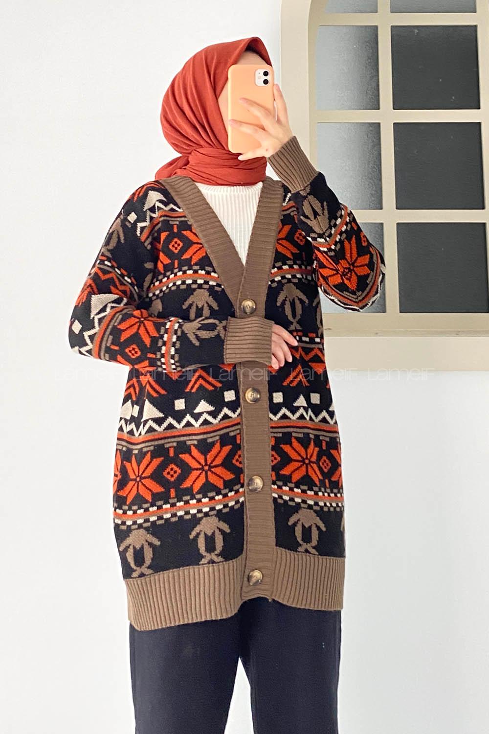 Modalamelif V Yaka Önü Düğmeli Etnik Desen Triko Hırka Siyah-Kahverengi