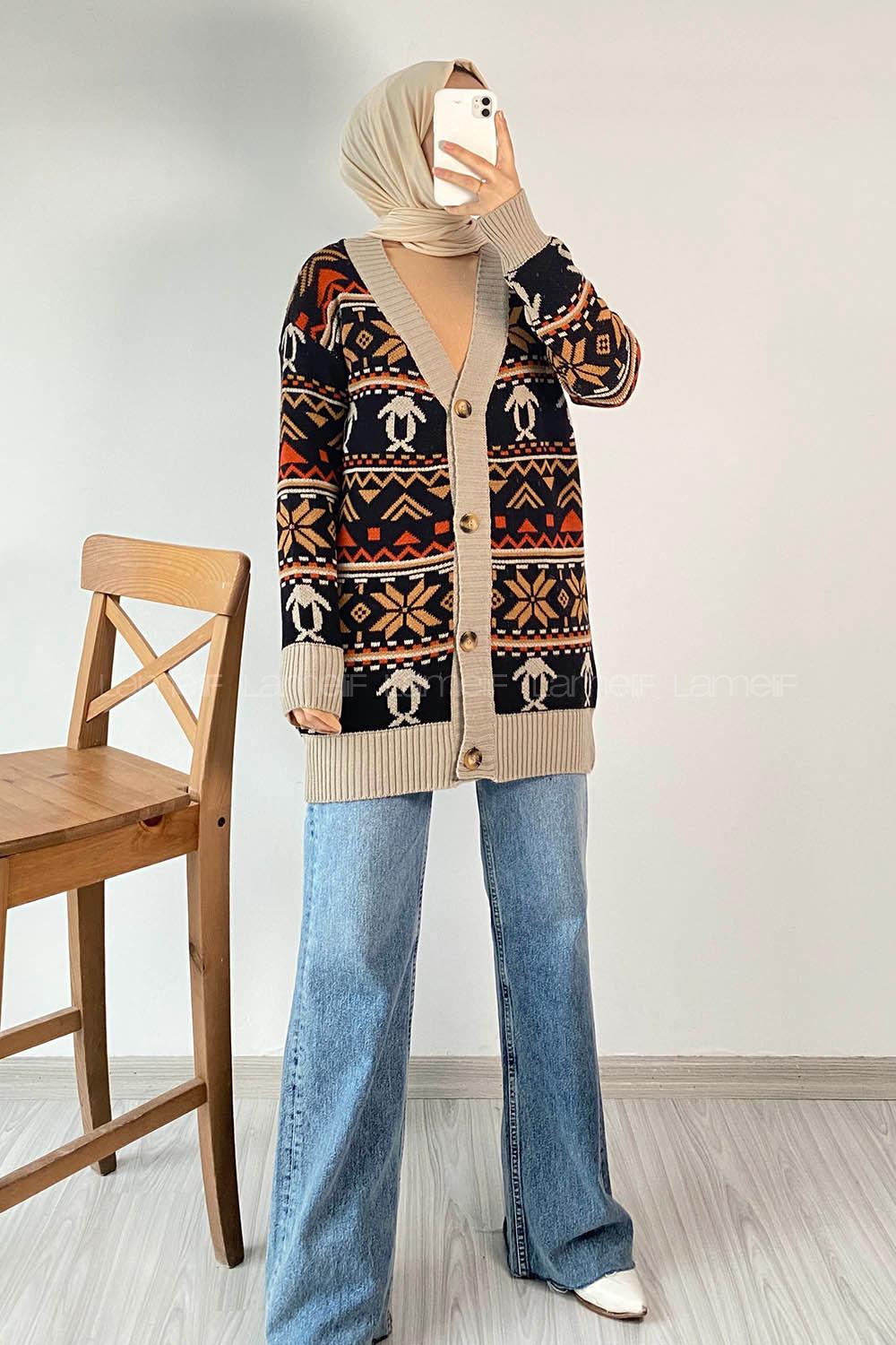 Modalamelif V Yaka Önü Düğmeli Etnik Desen Triko Hırka Siyah-Taş