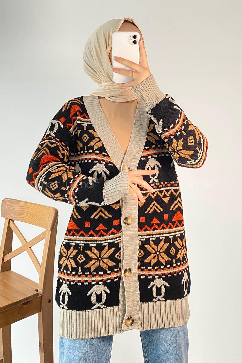 Modalamelif V Yaka Önü Düğmeli Etnik Desen Triko Hırka Siyah-Taş