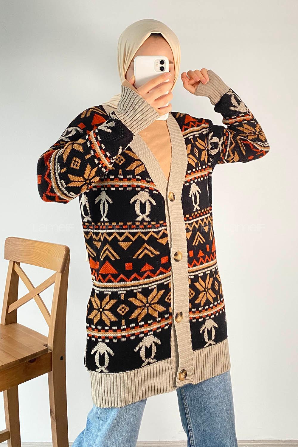 Modalamelif V Yaka Önü Düğmeli Etnik Desen Triko Hırka Siyah-Taş