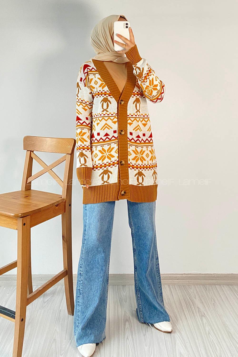 Modalamelif V Yaka Önü Düğmeli Etnik Desen Triko Hırka Sütlükahve