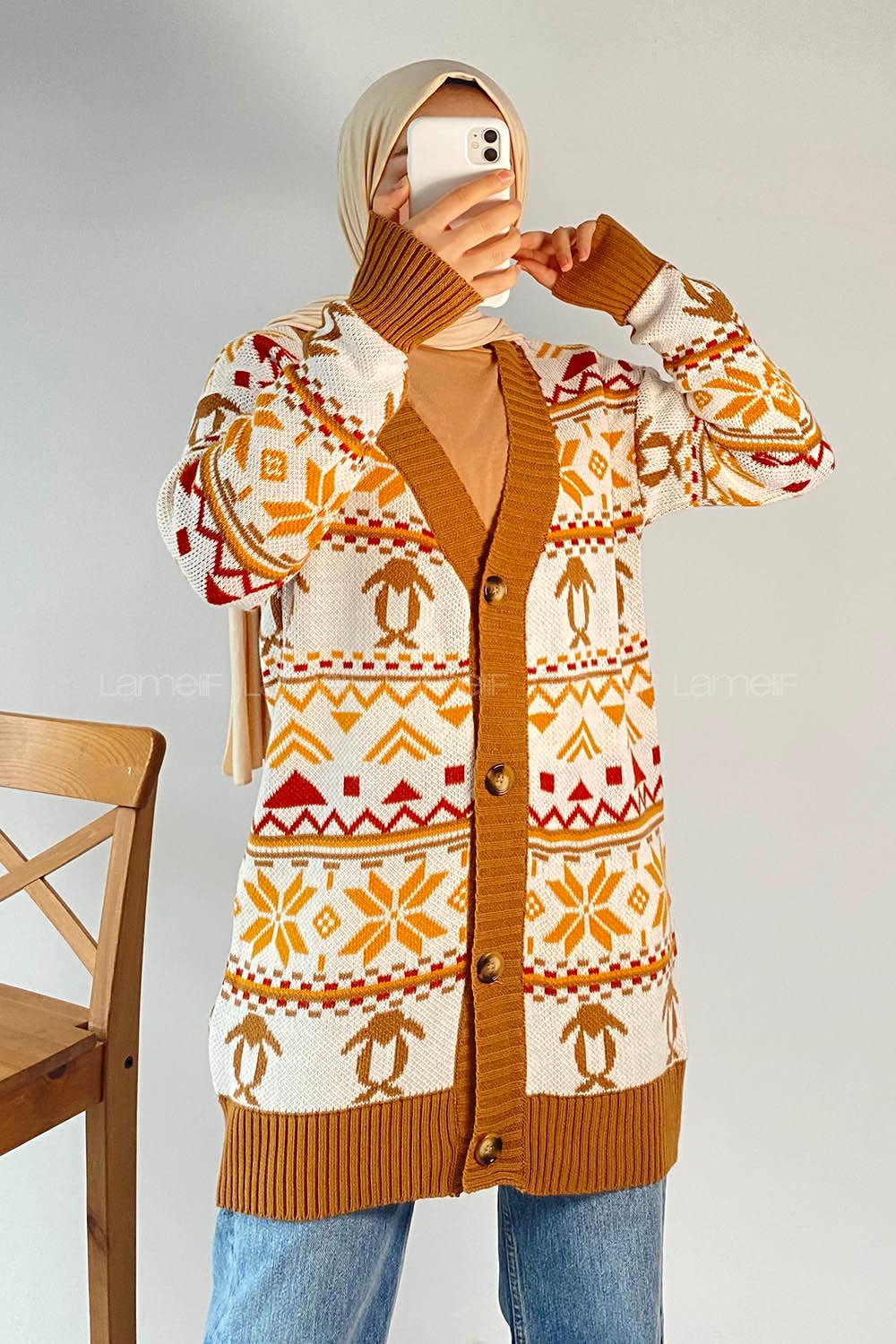 Modalamelif V Yaka Önü Düğmeli Etnik Desen Triko Hırka Sütlükahve