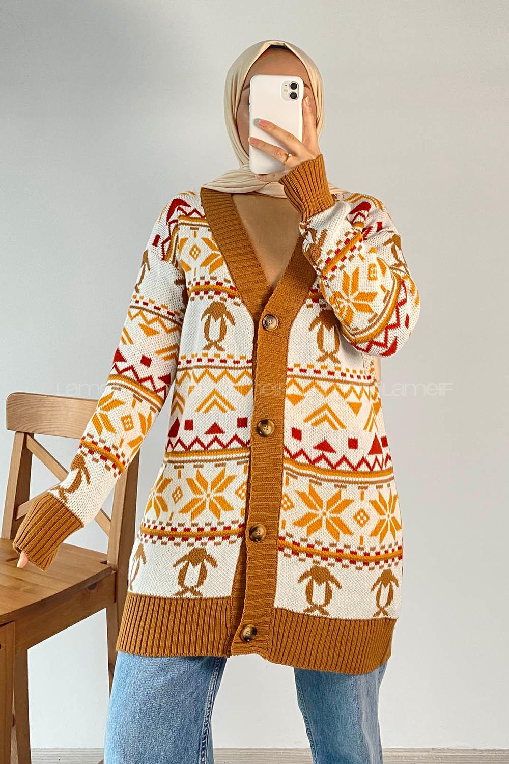 Modalamelif V Yaka Önü Düğmeli Etnik Desen Triko Hırka Sütlükahve