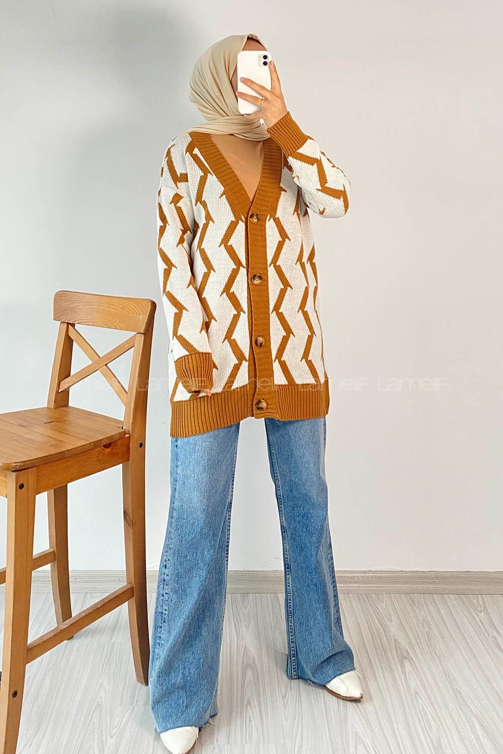 Modalamelif V Yaka Önü Düğmeli Etnik Desen Triko Hırka Sütlükahve