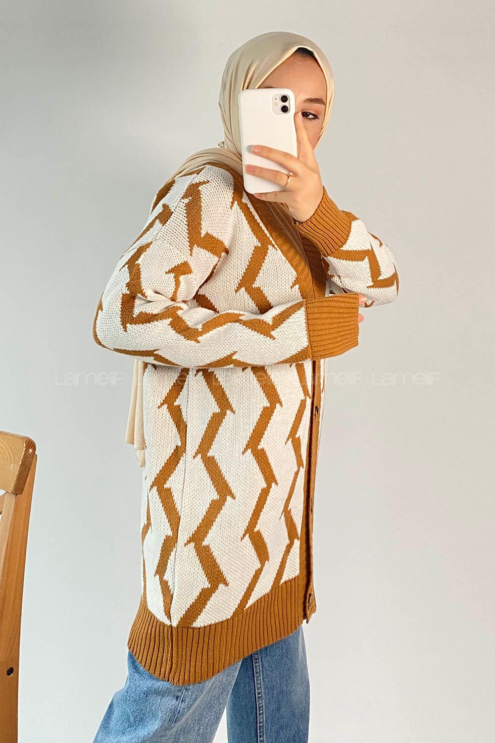 Modalamelif V Yaka Önü Düğmeli Etnik Desen Triko Hırka Sütlükahve