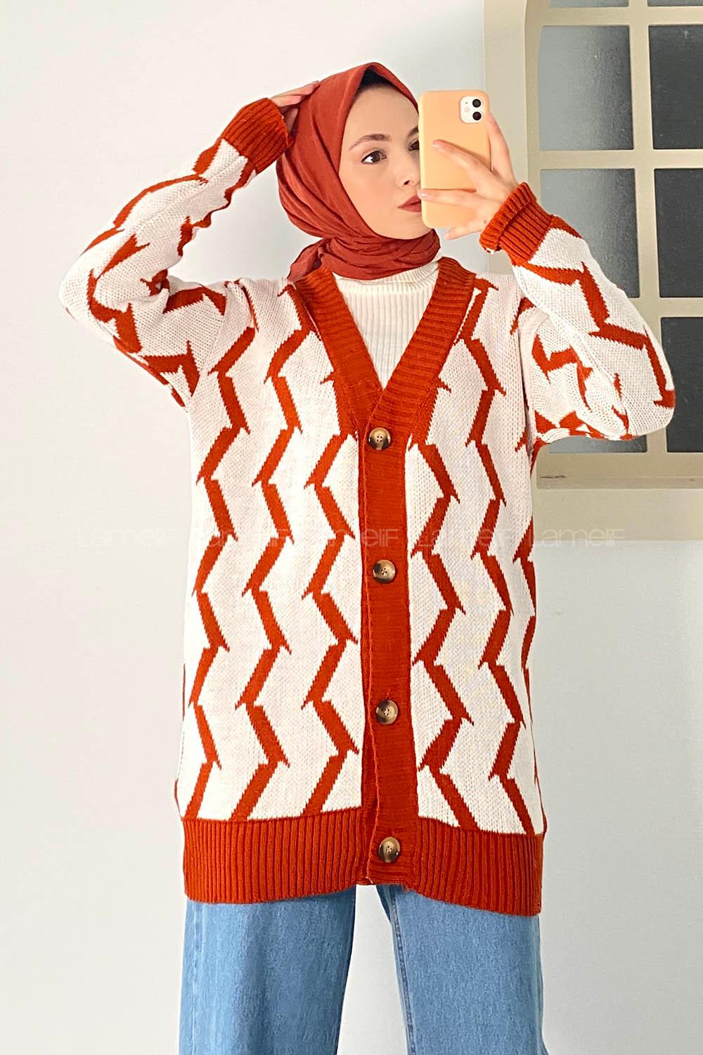 Modalamelif V Yaka Önü Düğmeli Etnik Desen Triko Hırka Taba