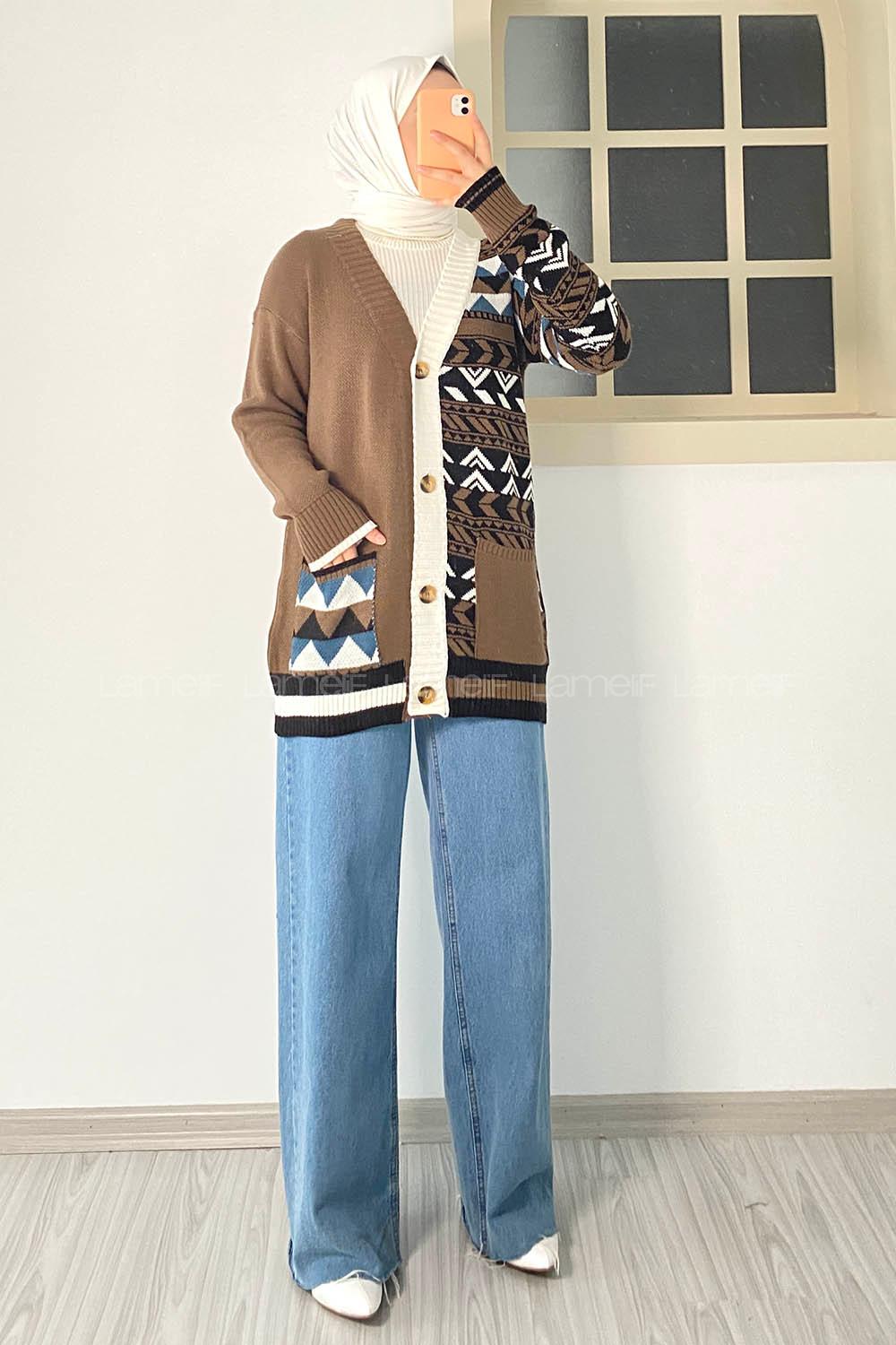 Modalamelif V Yaka Önü Düğmeli Renk Garnili Etnik Desen Triko Hırka Kahverengi