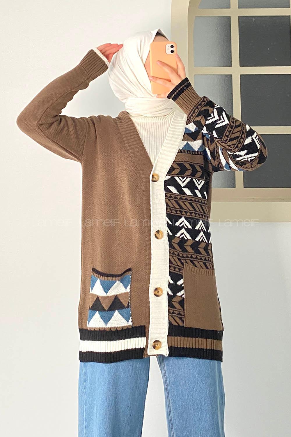 Modalamelif V Yaka Önü Düğmeli Renk Garnili Etnik Desen Triko Hırka Kahverengi