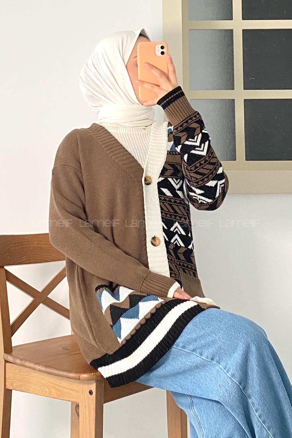 Modalamelif V Yaka Önü Düğmeli Renk Garnili Etnik Desen Triko Hırka Kahverengi