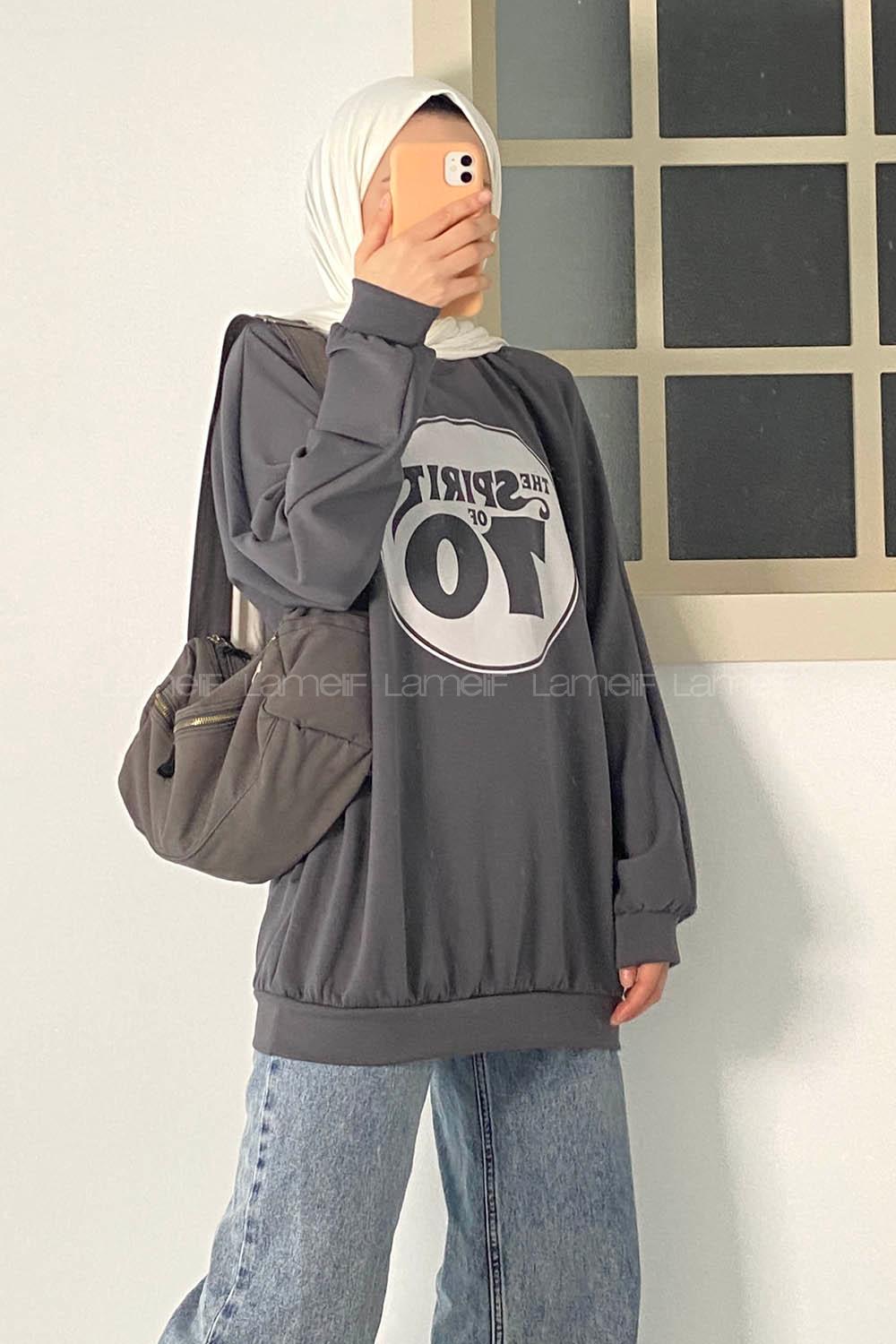 Modalamelif Yazı Baskılı Bisiklet Yaka Salaş Sweat Antrasit