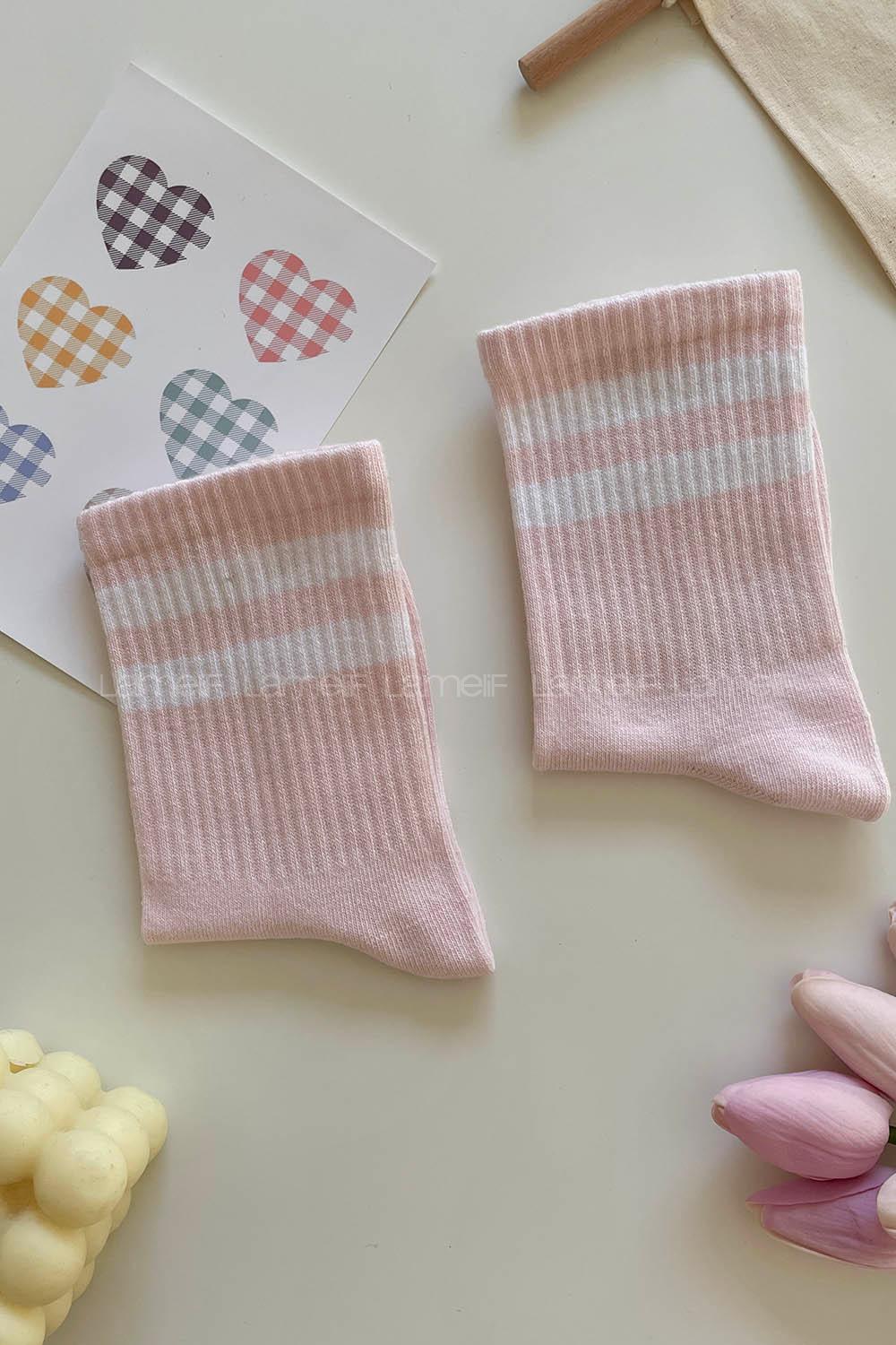 Modalamelif Beyaz Çizgili Pudra Soket Çorap