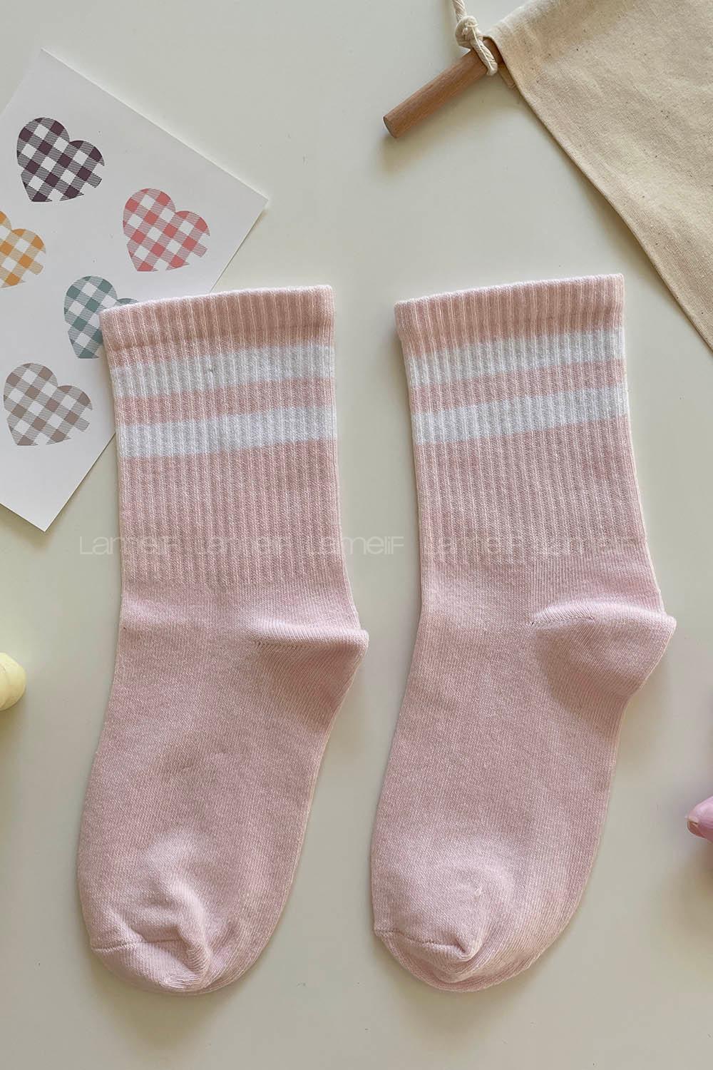 Modalamelif Beyaz Çizgili Pudra Soket Çorap