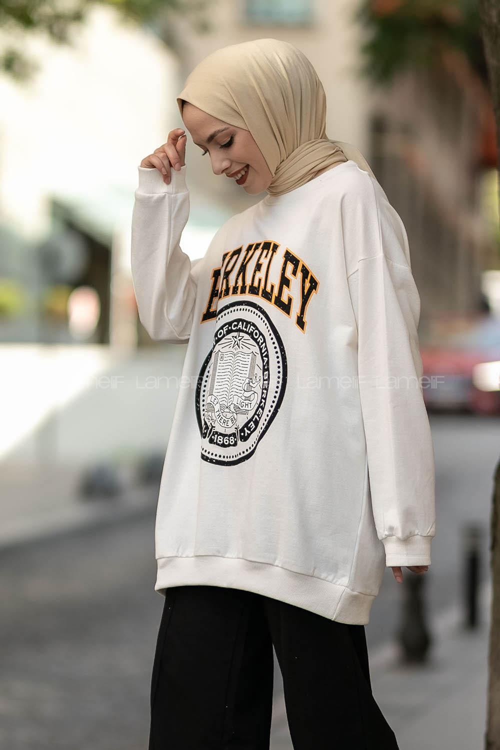 Modalamelif Bisiklet Yaka Berkeley Yazı Baskılı Sweat Beyaz