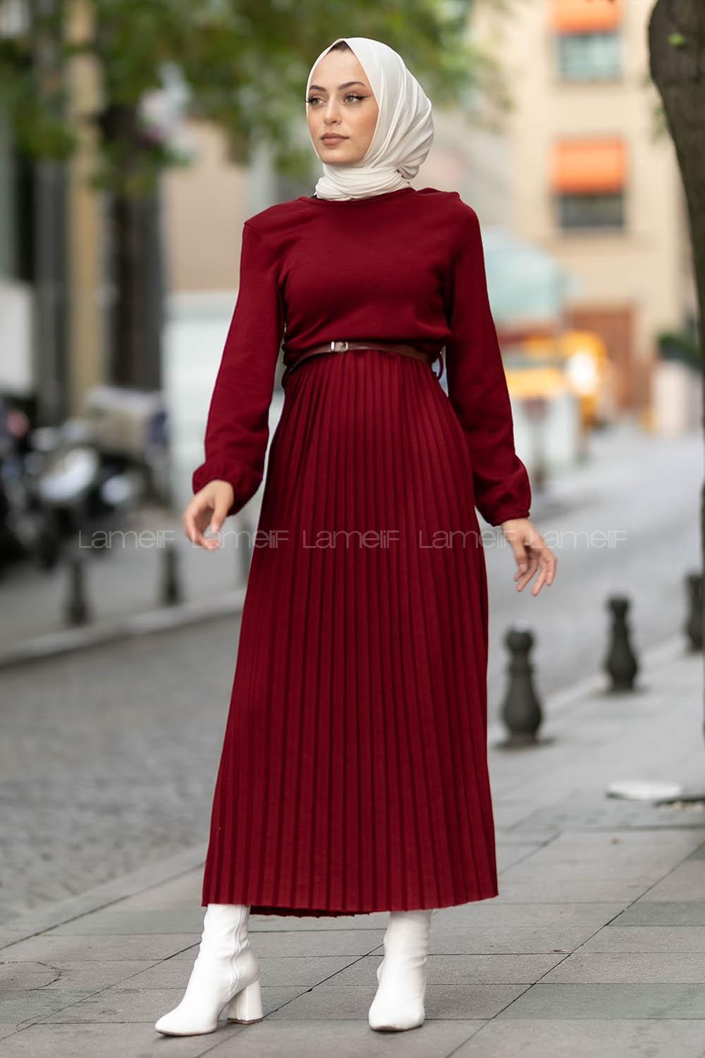 Modalamelif Eteği Piliseli Beli Kemer Detaylı Triko Elbise Bordo