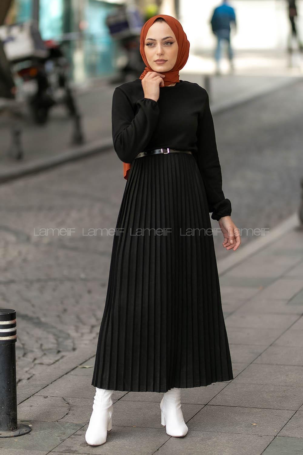 Modalamelif Eteği Piliseli Beli Kemer Detaylı Triko Elbise Siyah