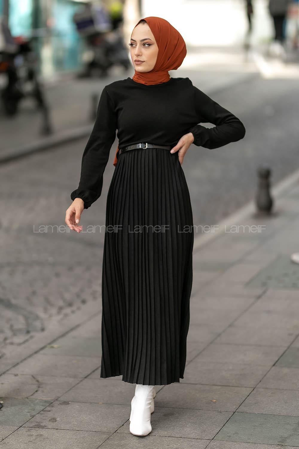 Modalamelif Eteği Piliseli Beli Kemer Detaylı Triko Elbise Siyah