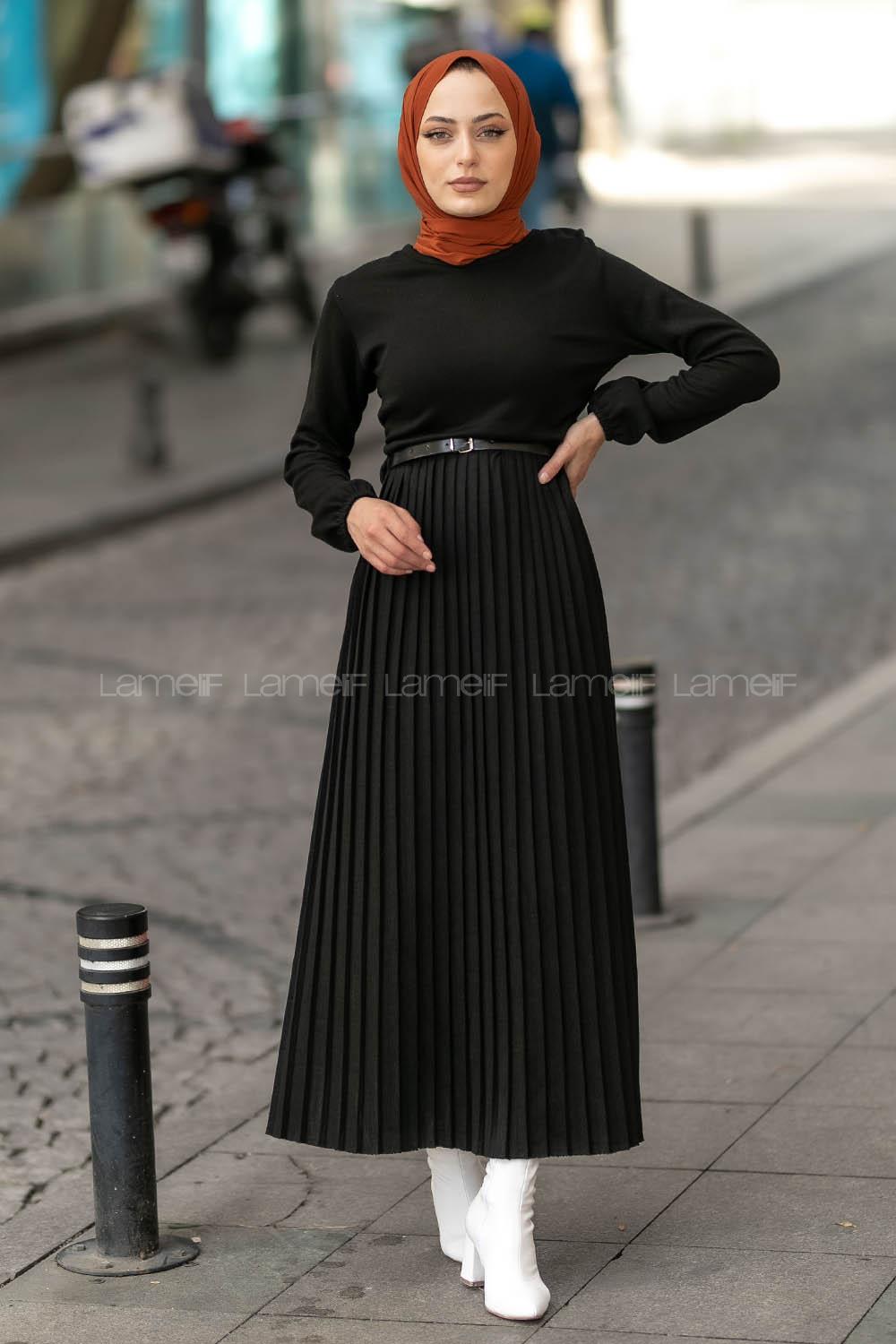 Modalamelif Eteği Piliseli Beli Kemer Detaylı Triko Elbise Siyah