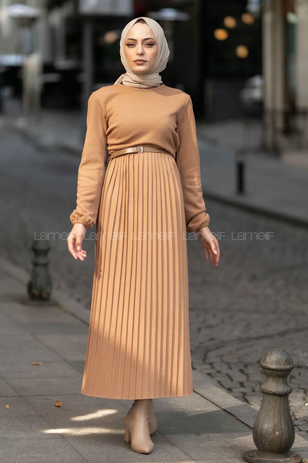 Modalamelif Eteği Piliseli Beli Kemer Detaylı Triko Elbise Sütlükahve