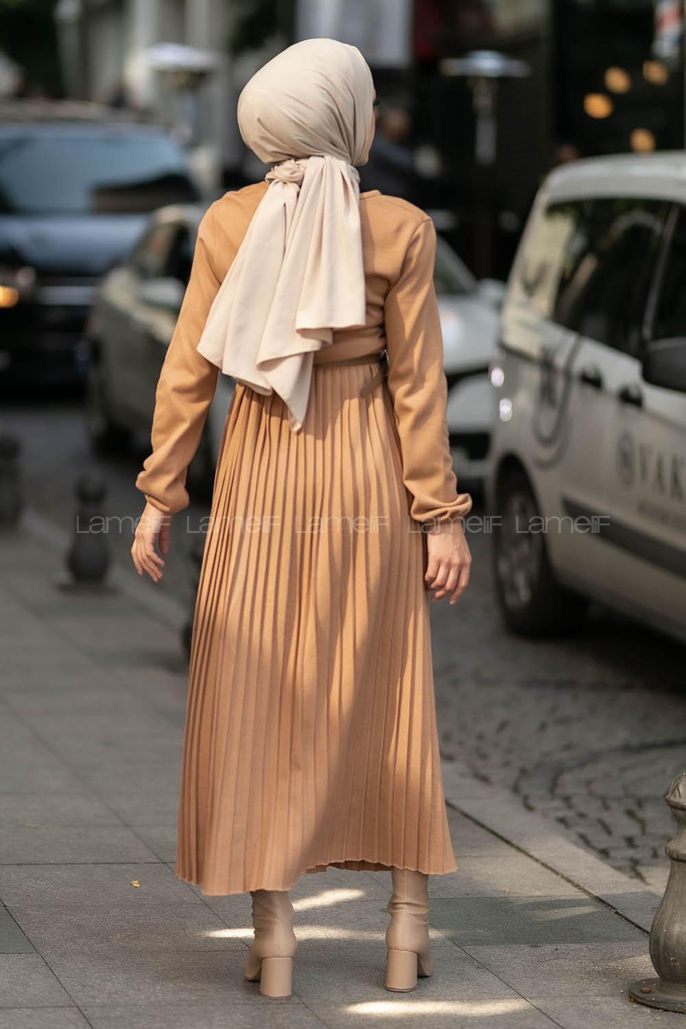 Modalamelif Eteği Piliseli Beli Kemer Detaylı Triko Elbise Sütlükahve