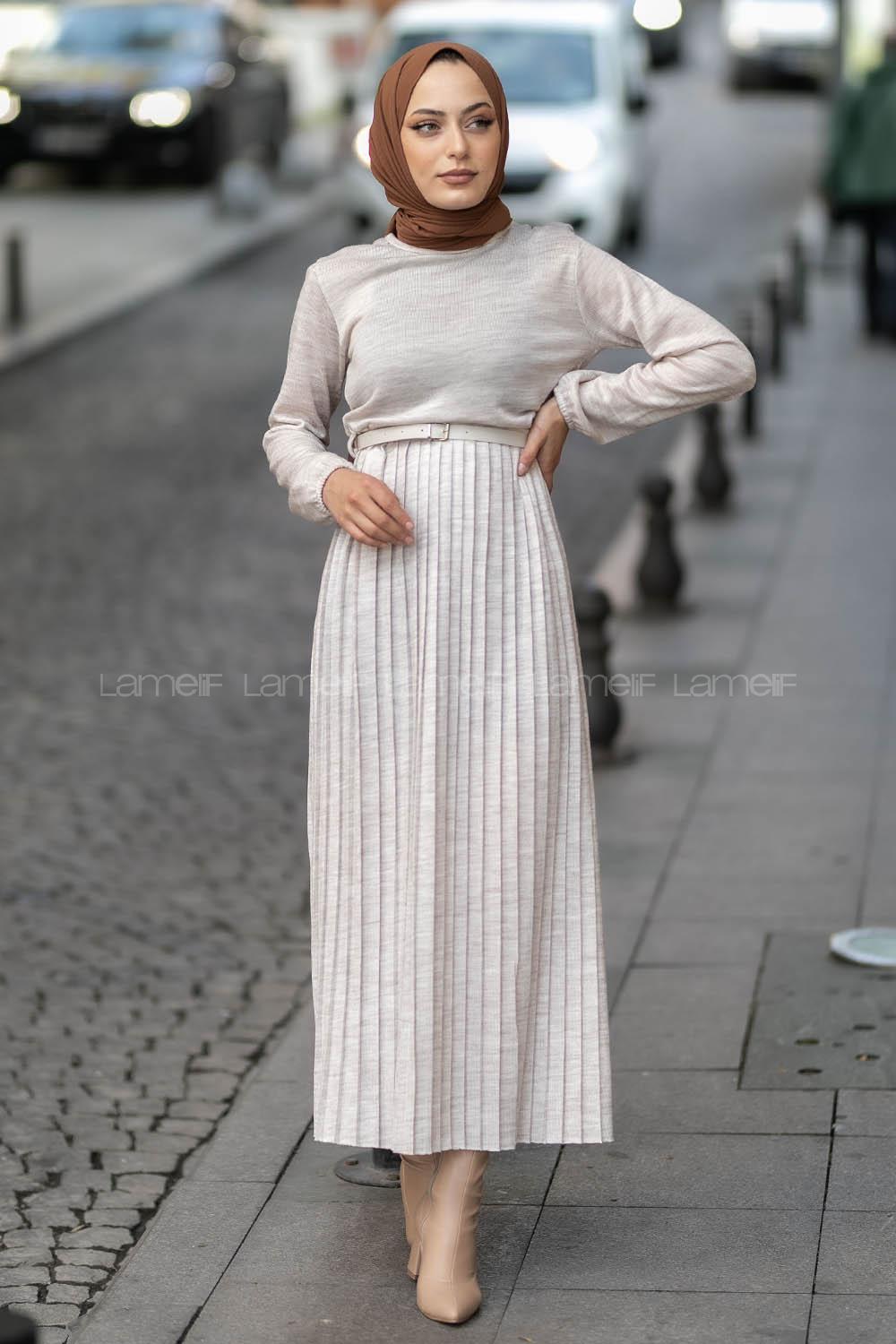 Modalamelif Eteği Piliseli Beli Kemer Detaylı Triko Elbise Taş