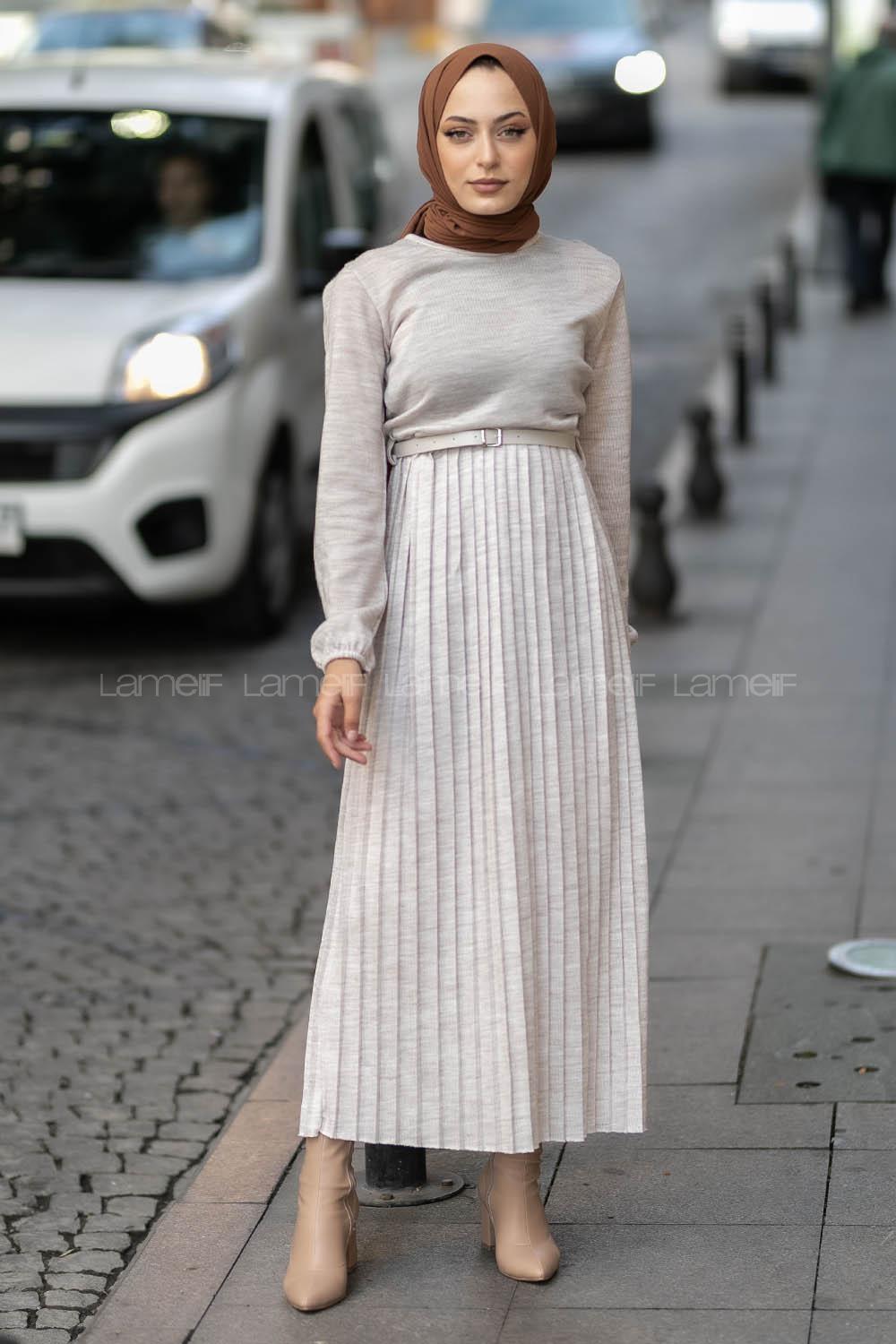 Modalamelif Eteği Piliseli Beli Kemer Detaylı Triko Elbise Taş