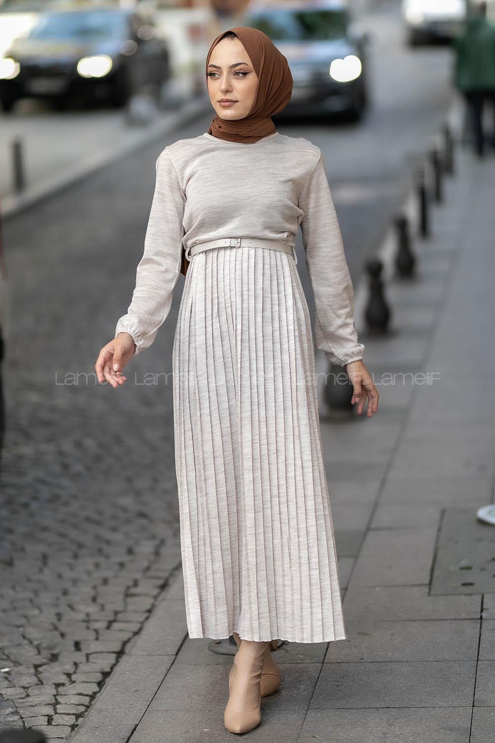 Modalamelif Eteği Piliseli Beli Kemer Detaylı Triko Elbise Taş