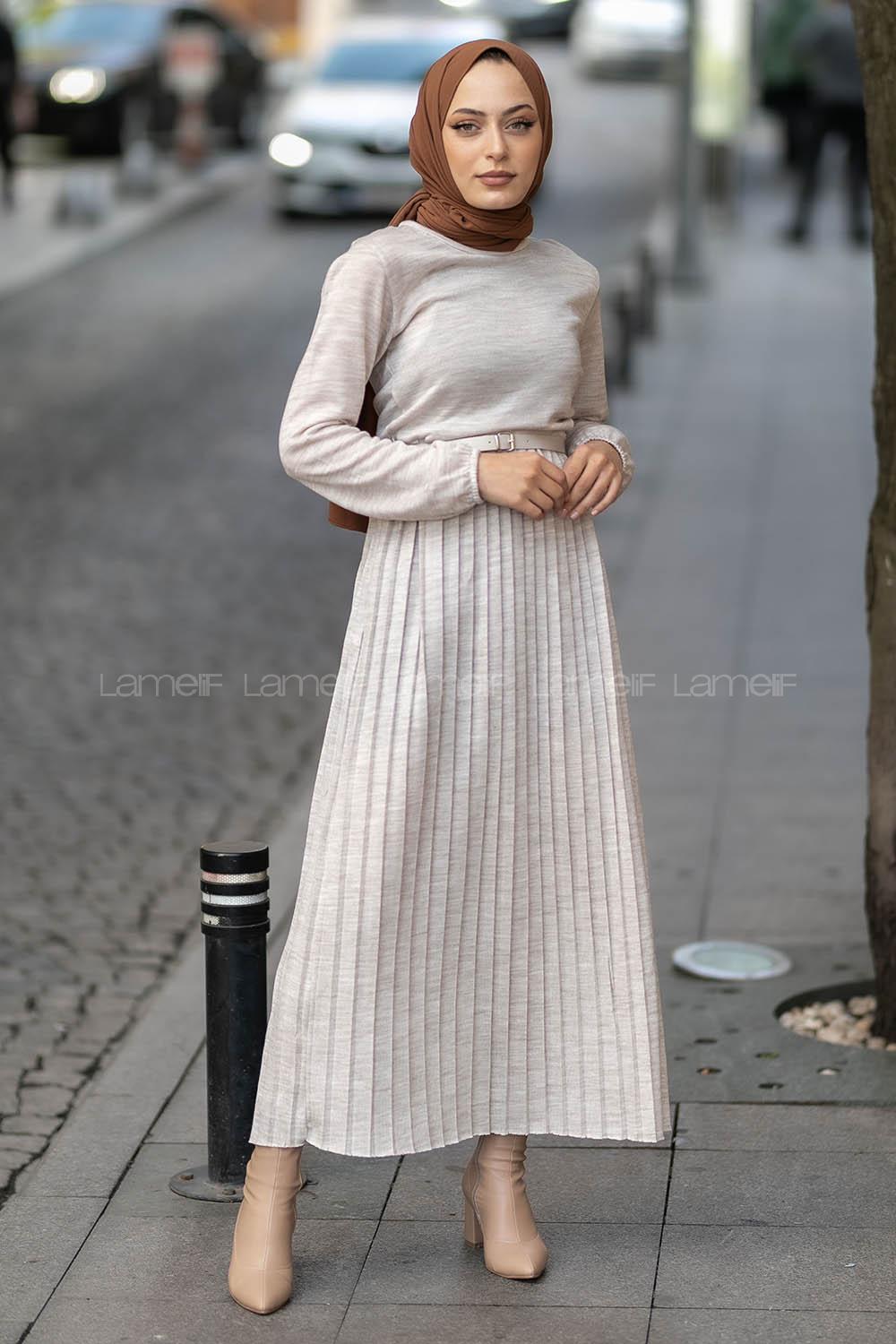 Modalamelif Eteği Piliseli Beli Kemer Detaylı Triko Elbise Taş