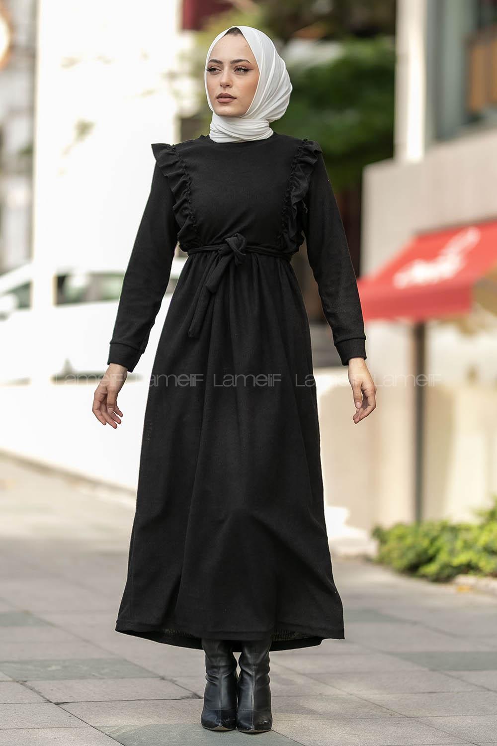 Modalamelif Fitilli Omuz Fırfır Detaylı Büzgü Detaylı Kuşaklı Elbise Siyah