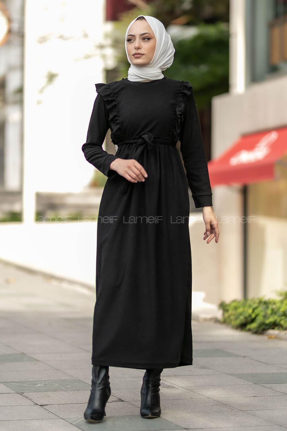 Modalamelif Fitilli Omuz Fırfır Detaylı Büzgü Detaylı Kuşaklı Elbise Siyah