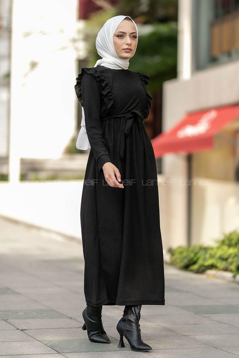 Modalamelif Fitilli Omuz Fırfır Detaylı Büzgü Detaylı Kuşaklı Elbise Siyah