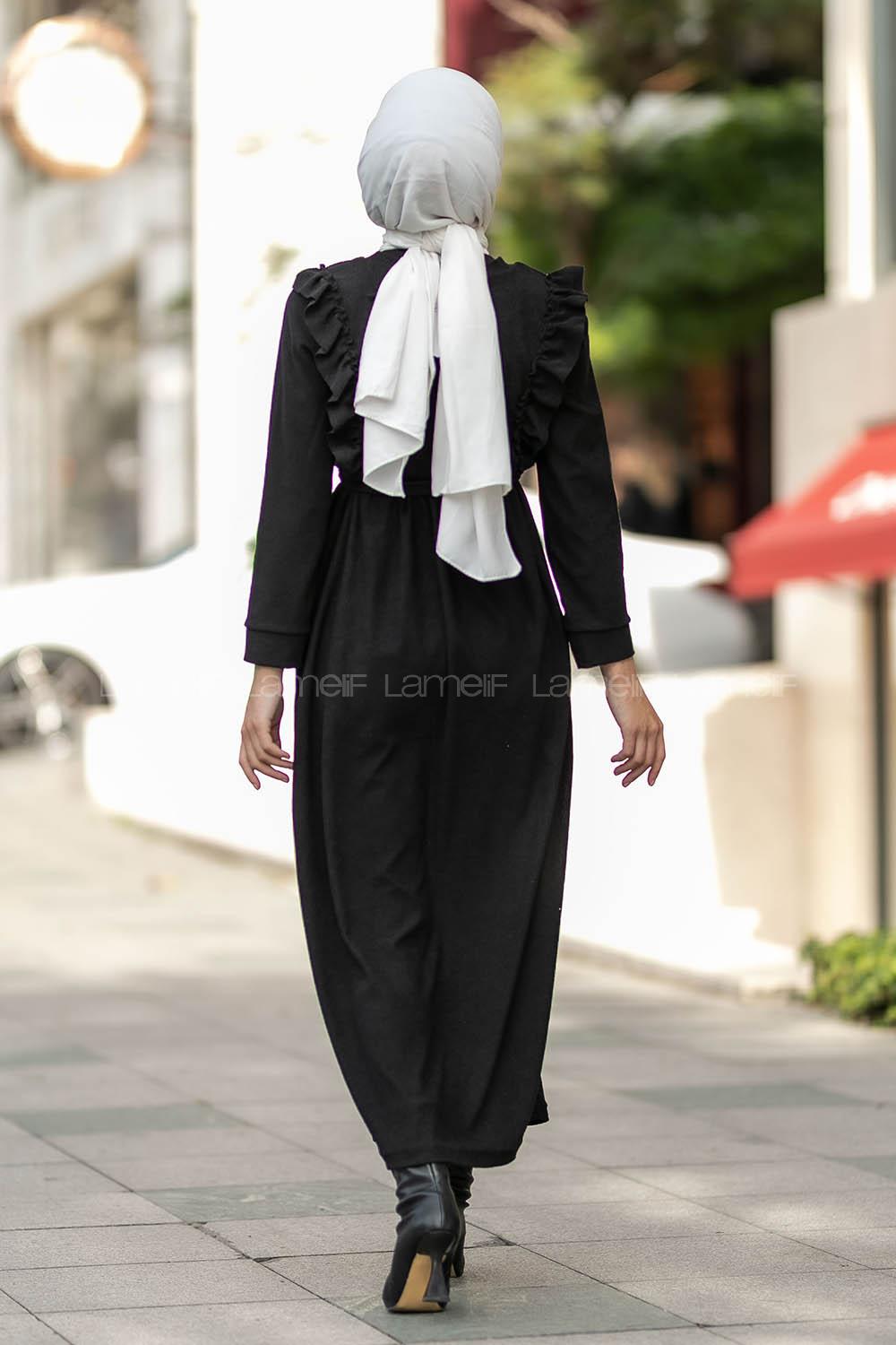 Modalamelif Fitilli Omuz Fırfır Detaylı Büzgü Detaylı Kuşaklı Elbise Siyah