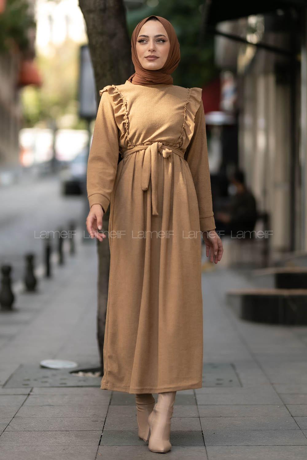 Modalamelif Fitilli Omuz Fırfır Detaylı Büzgü Detaylı Kuşaklı Elbise Sütlükahve
