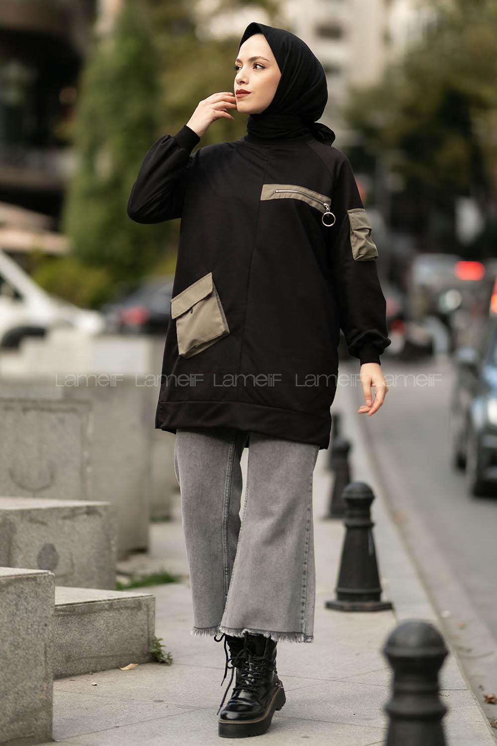 Modalamelif Floto Deri Fermuarlı Garnili Kapak Cepli Sweatshirt Siyah