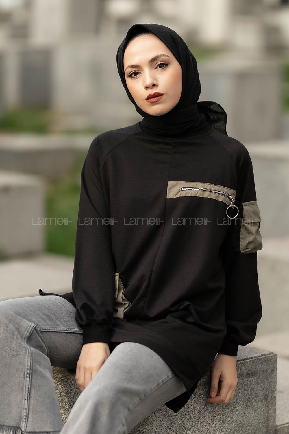 Modalamelif Floto Deri Fermuarlı Garnili Kapak Cepli Sweatshirt Siyah