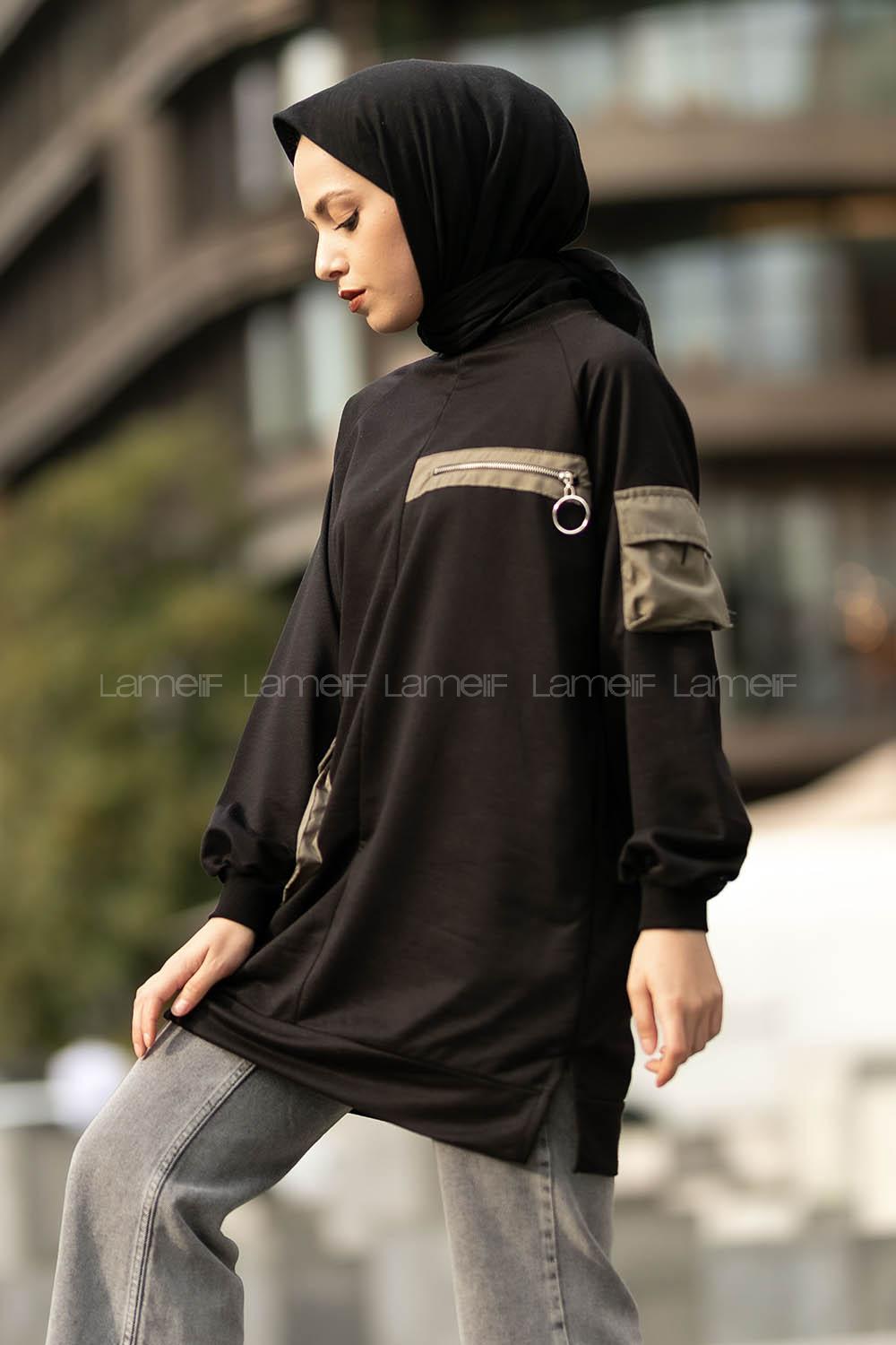 Modalamelif Floto Deri Fermuarlı Garnili Kapak Cepli Sweatshirt Siyah