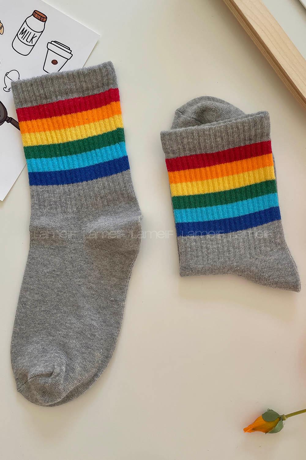 Modalamelif Gökkuşağı Çizgili Gri Soket Çorap