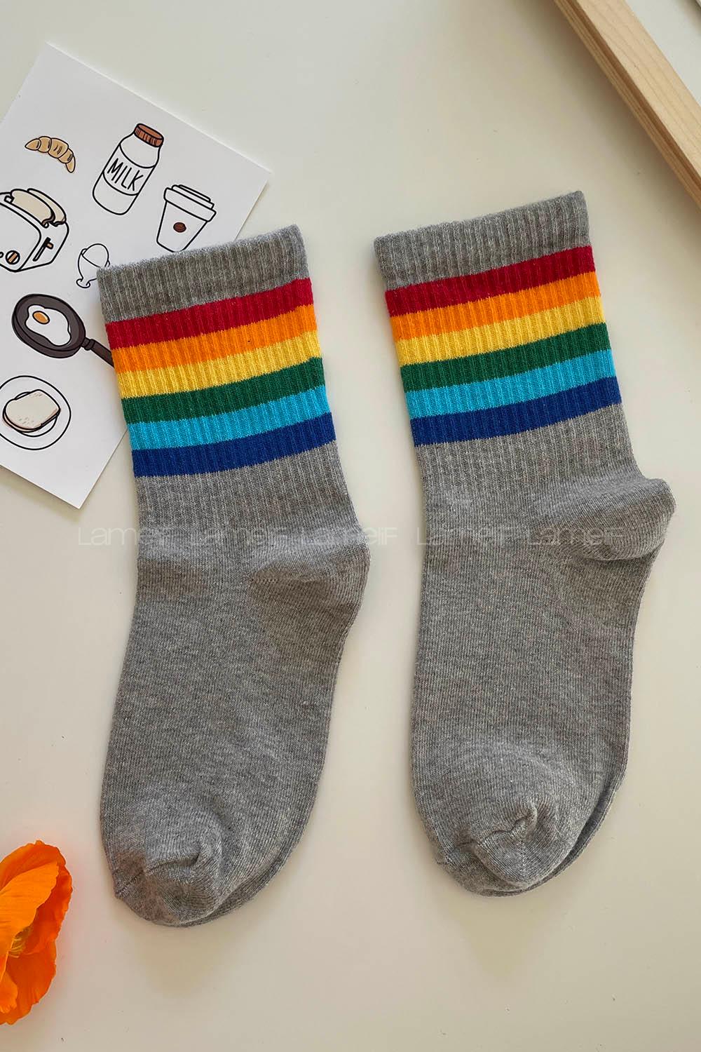 Modalamelif Gökkuşağı Çizgili Gri Soket Çorap